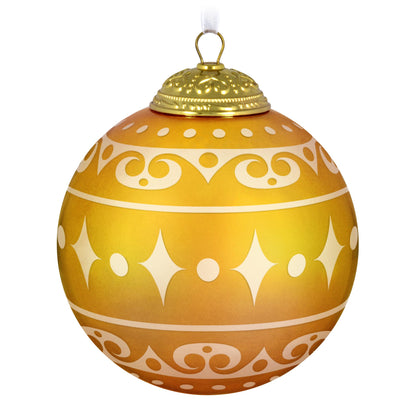 Christmas Commemorative, 13th in the Series — 2025 Hallmark Keepsake Christmas Ornament, warm yellow glass ball with frosted design, angled view.