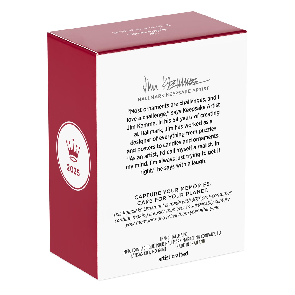 Peanuts® Merit Badge Ceremony — 2025 Hallmark Keepsake Christmas Ornament packaging, showcasing artist's quote and sustainable message.