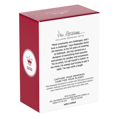 Peanuts® Merit Badge Ceremony — 2025 Hallmark Keepsake Christmas Ornament packaging, showcasing artist's quote and sustainable message.