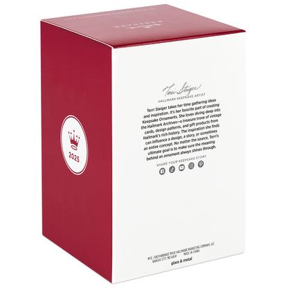Christmas Commemorative, 13th in the Series — 2025 Hallmark Keepsake Christmas Ornament box packaging, red with artist details and logo.