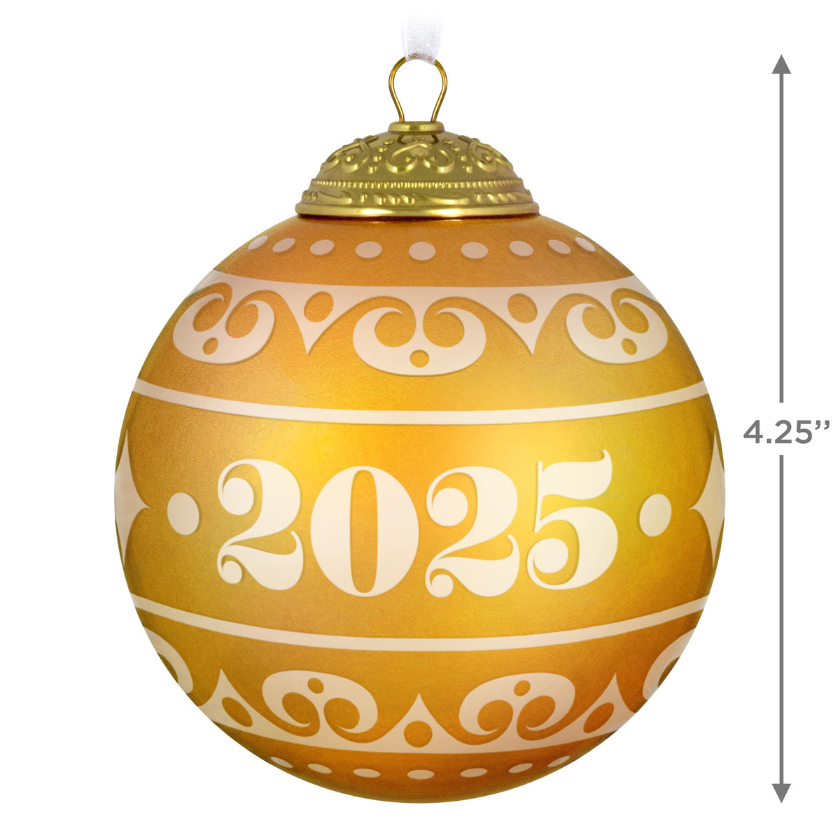 Christmas commemorative, 13th in the series — 2025 Hallmark Keepsake Christmas ornament, warm yellow glass ball with frosted design, close up.
