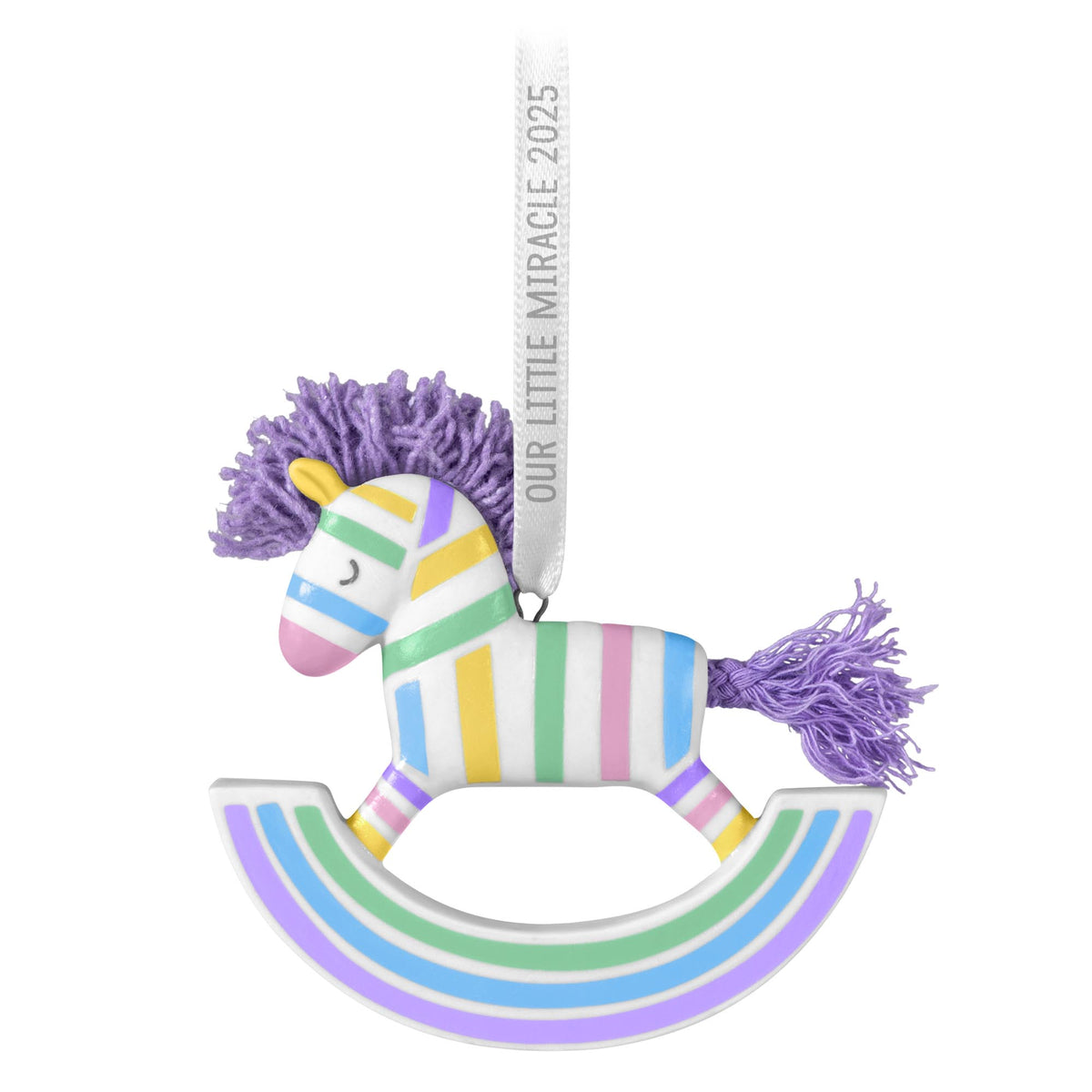 Our Little Miracle — 2025 Hallmark Keepsake Christmas Ornament featuring a pastel striped rocking horse with a lavender mane and tail.