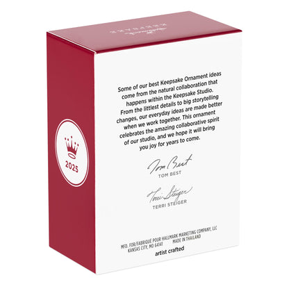 Baseball Star — 2025 Hallmark Keepsake Christmas Ornament boxed view featuring artist signatures and 2025 date on the back.