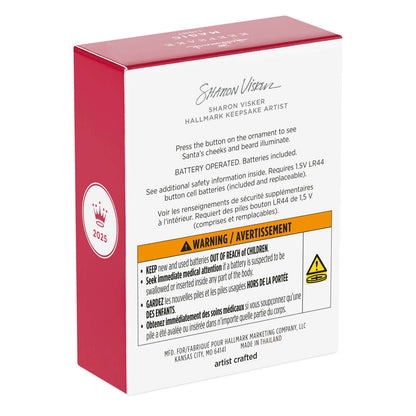 Holly Jolly Santa — 2025 Hallmark Keepsake Christmas Ornament packaging with instructions and battery information in red box.