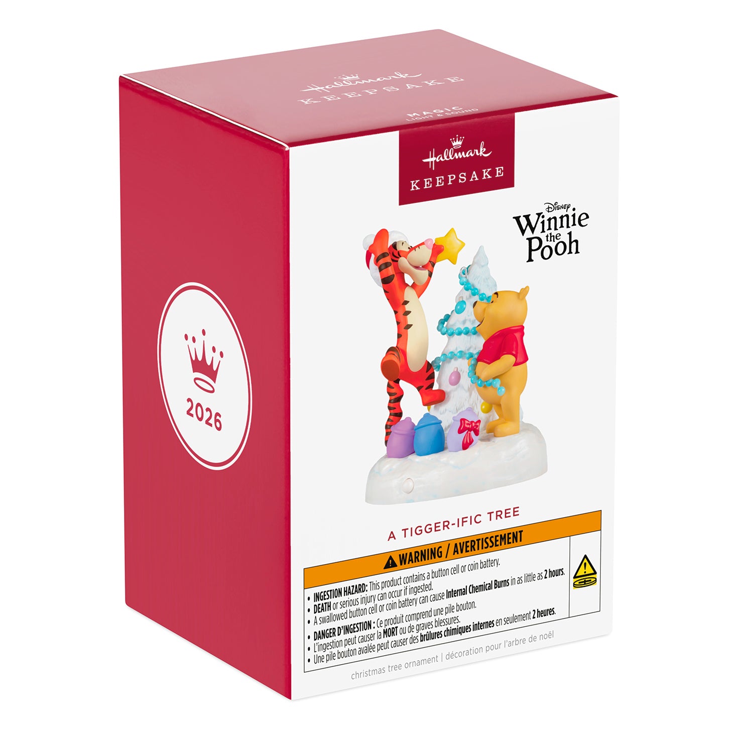 Disney Winnie the Pooh A Tigger-ific Tree Musical With Light — 2026 Hallmark Keepsake Christmas Ornament packaging view showcasing Tigger and Pooh decorating a tree.