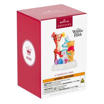 Disney Winnie the Pooh A Tigger-ific Tree Musical With Light — 2026 Hallmark Keepsake Christmas Ornament packaging view showcasing Tigger and Pooh decorating a tree.