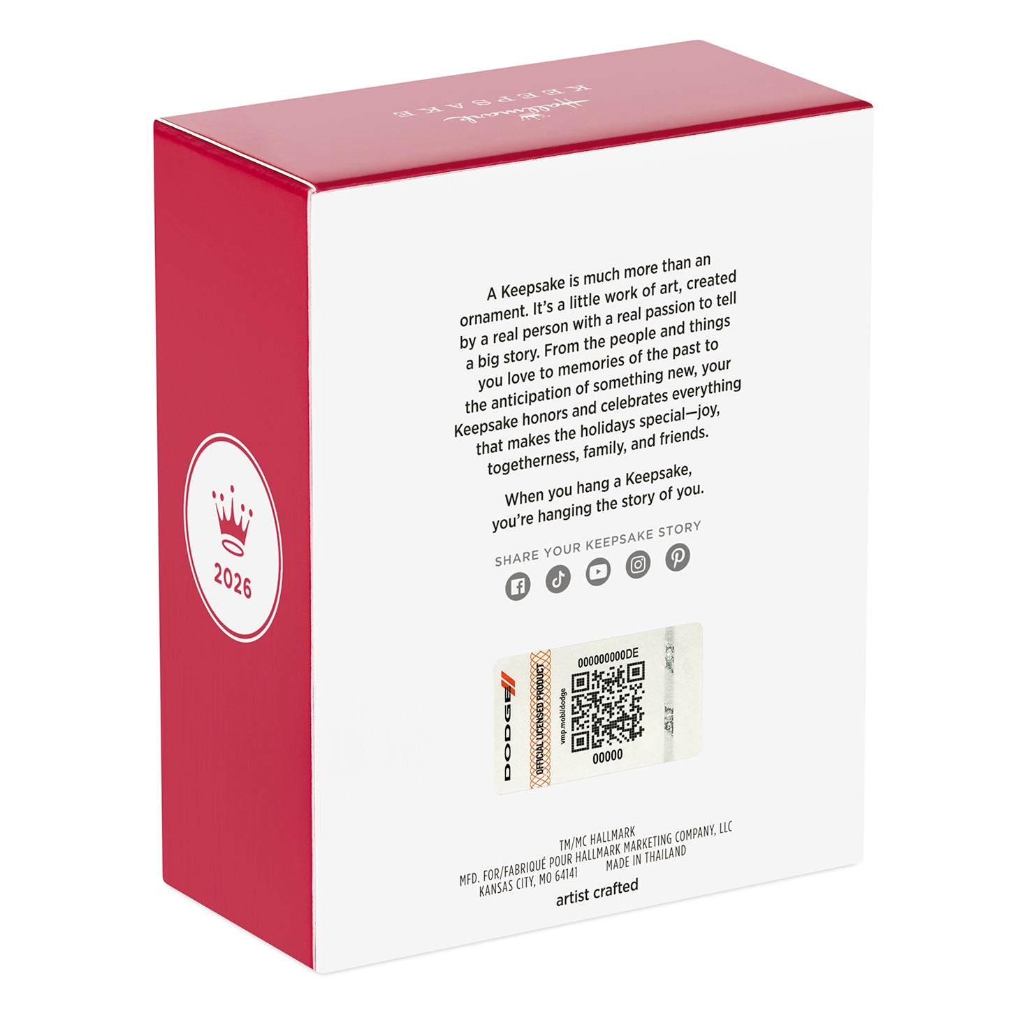 2025 Dodge Charger Daytona Scat Pack 2026, metal — 2026 Hallmark Keepsake Christmas Ornament packaging, showing detailed back design and QR code.