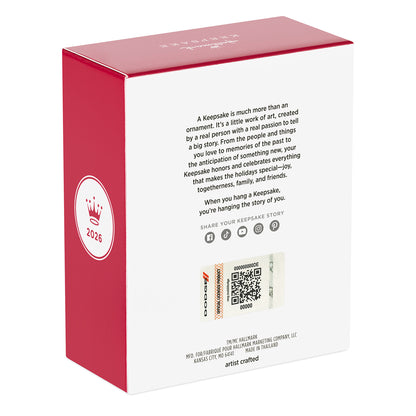 2025 Dodge Charger Daytona Scat Pack 2026, metal — 2026 Hallmark Keepsake Christmas Ornament packaging, showing detailed back design and QR code.