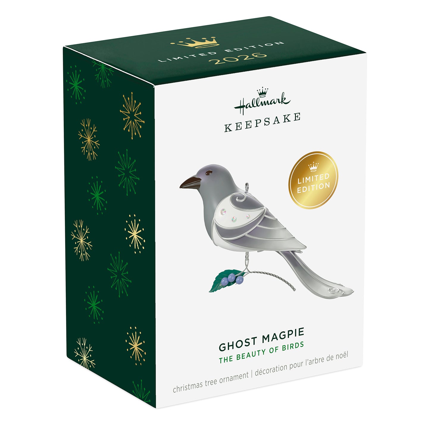 The Beauty of Birds Ghost Magpie — 2026 Hallmark Keepsake Christmas Ornament in limited edition packaging with metallic details.