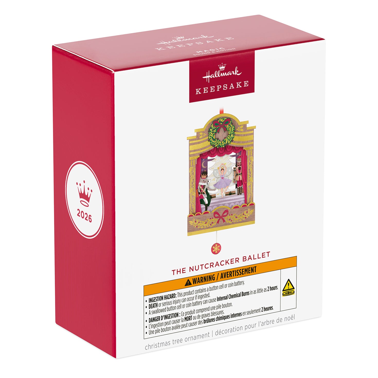 The Nutcracker Ballet Musical With Motion, Papercraft — 2026 Hallmark Keepsake Christmas Ornament packaging with warning details on the box.