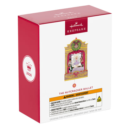 The Nutcracker Ballet Musical With Motion, Papercraft — 2026 Hallmark Keepsake Christmas Ornament packaging with warning details on the box.