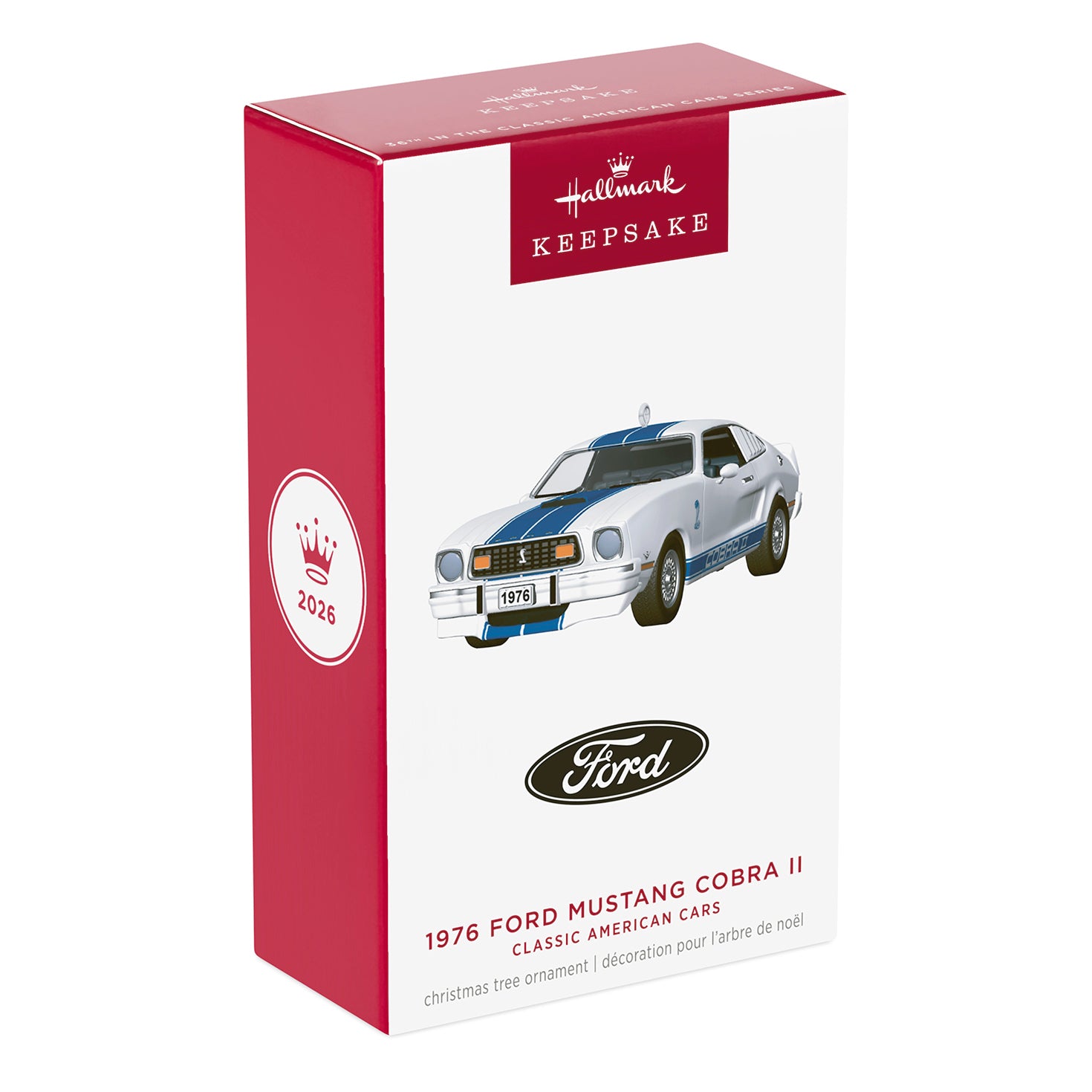 Classic American Cars 1976 Ford Mustang Cobra II 2026, metal, packaging design featuring iconic car details and Hallmark branding.