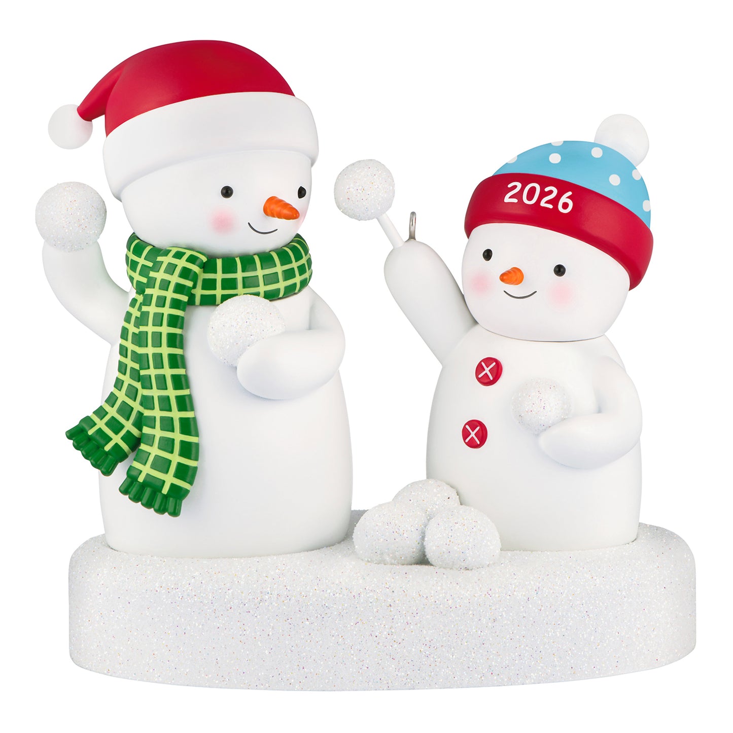 Snowball Fight 2026 Musical — 2026 Hallmark Keepsake Christmas Ornament features two cheerful snowmen engaged in a playful snowball fight.