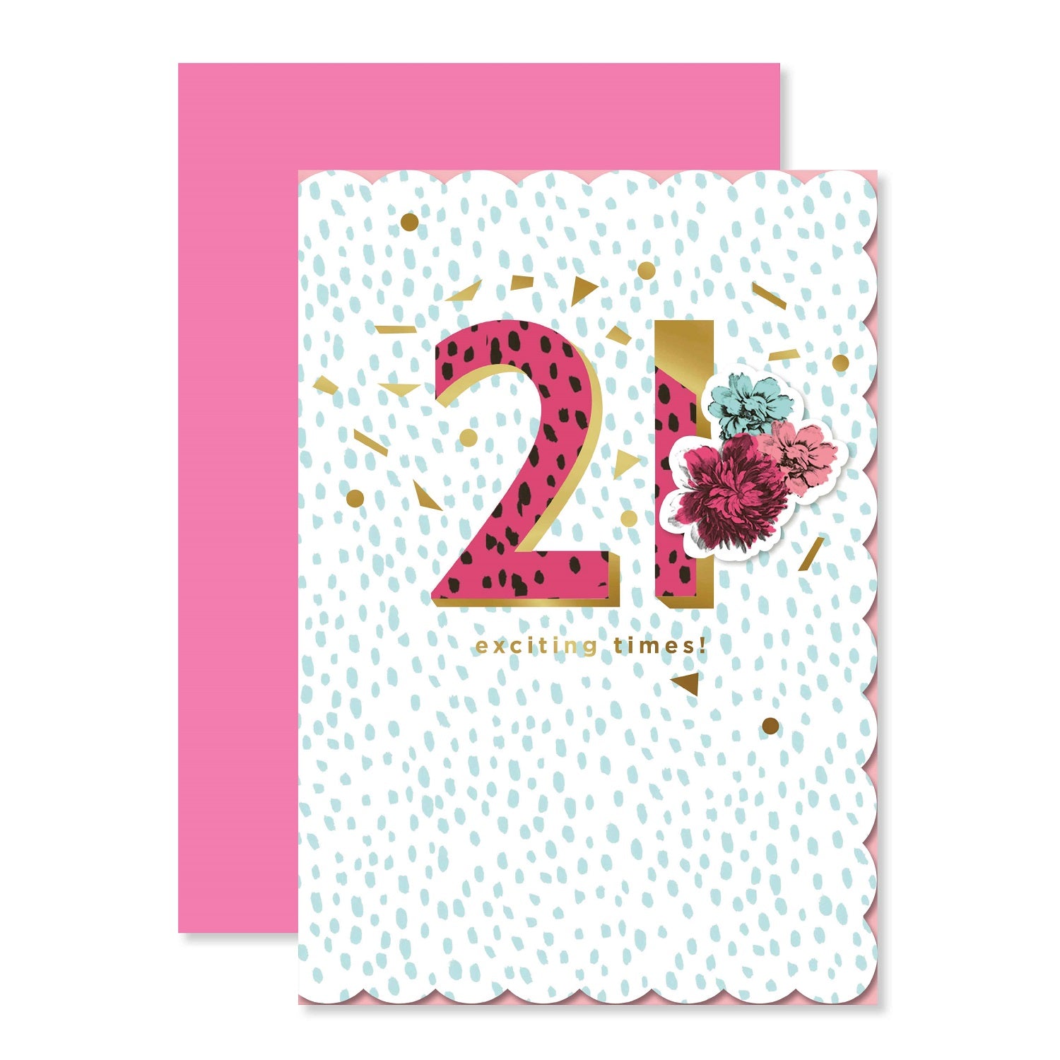 Connections from Hallmark 21st birthday card - 21 exciting times! features floral design and gold foil details on a patterned background.