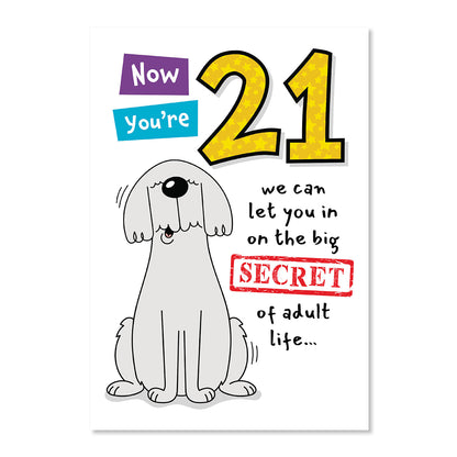 Hallmark 21st Birthday Card - Big Secret featuring a cartoon dog illustration and vibrant text, designed for a humorous celebration.