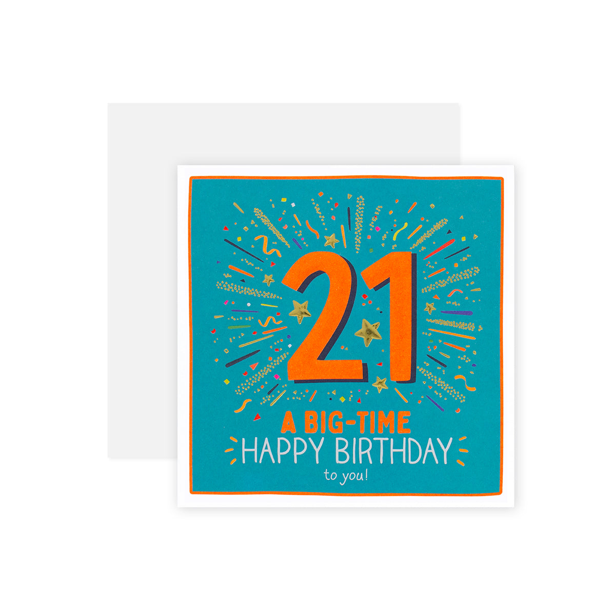 Hallmark Happy Jackson 21st Birthday Card - Big-Time in bright blue, featuring large orange '21' with confetti design in a square format