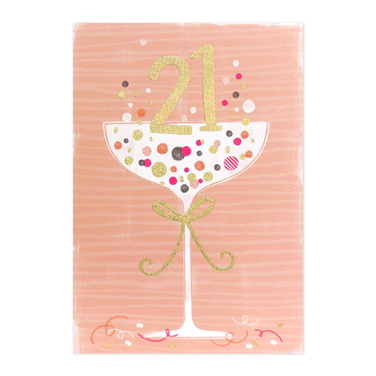 Connections from Hallmark 21st birthday card - cocktail glass, featuring gold foil number 21 and colourful confetti on a peach background.