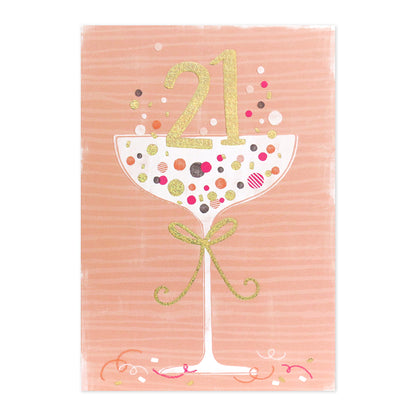 Connections from Hallmark 21st birthday card - cocktail glass, featuring gold foil number 21 and colourful confetti on a peach background.