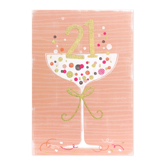 Connections from Hallmark 21st birthday card - cocktail glass, featuring gold foil number 21 and colourful confetti on a peach background.