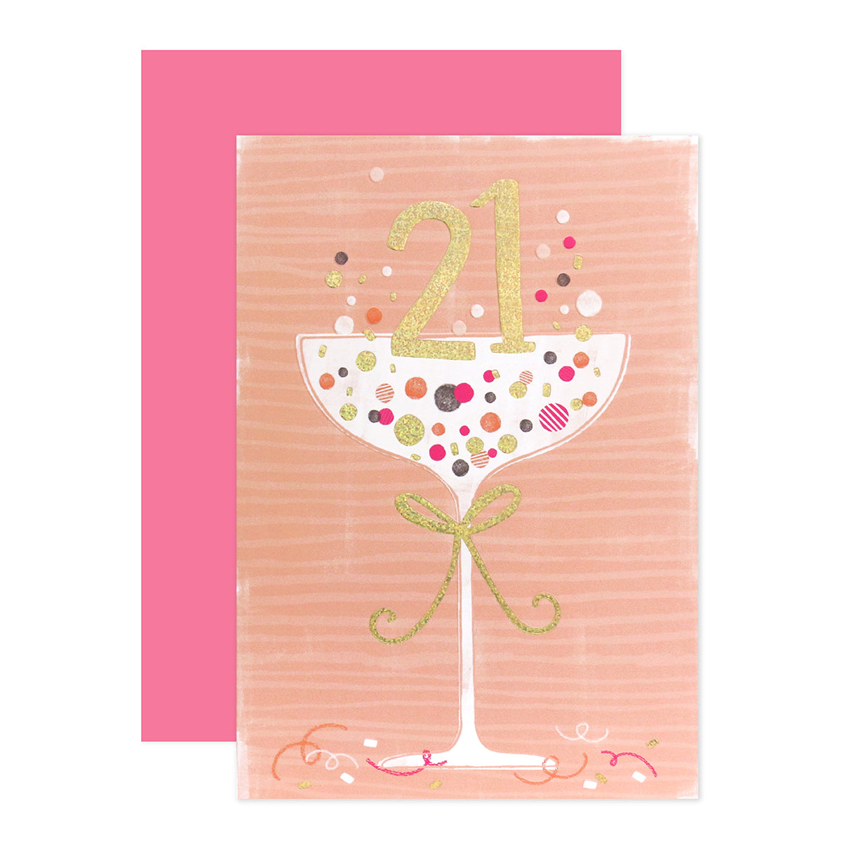 Connections from Hallmark 21st Birthday Card - Cocktail Glass, elegant card featuring a cocktail glass with gold foil 21 and colourful dots, includes pink envelope.