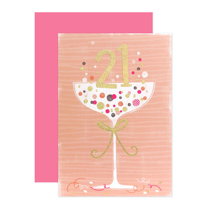 Connections from Hallmark 21st Birthday Card - Cocktail Glass, elegant card featuring a cocktail glass with gold foil 21 and colourful dots, includes pink envelope.