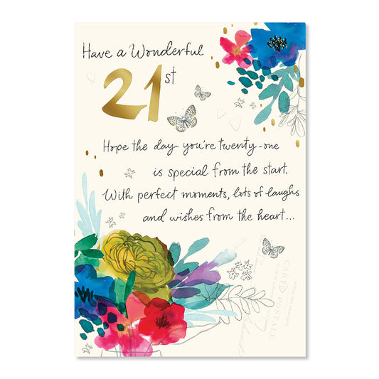Hallmark 21st Birthday Card - Colourful Bouquet featuring gold foil accents, floral illustrations and butterflies, designed for a special celebration.