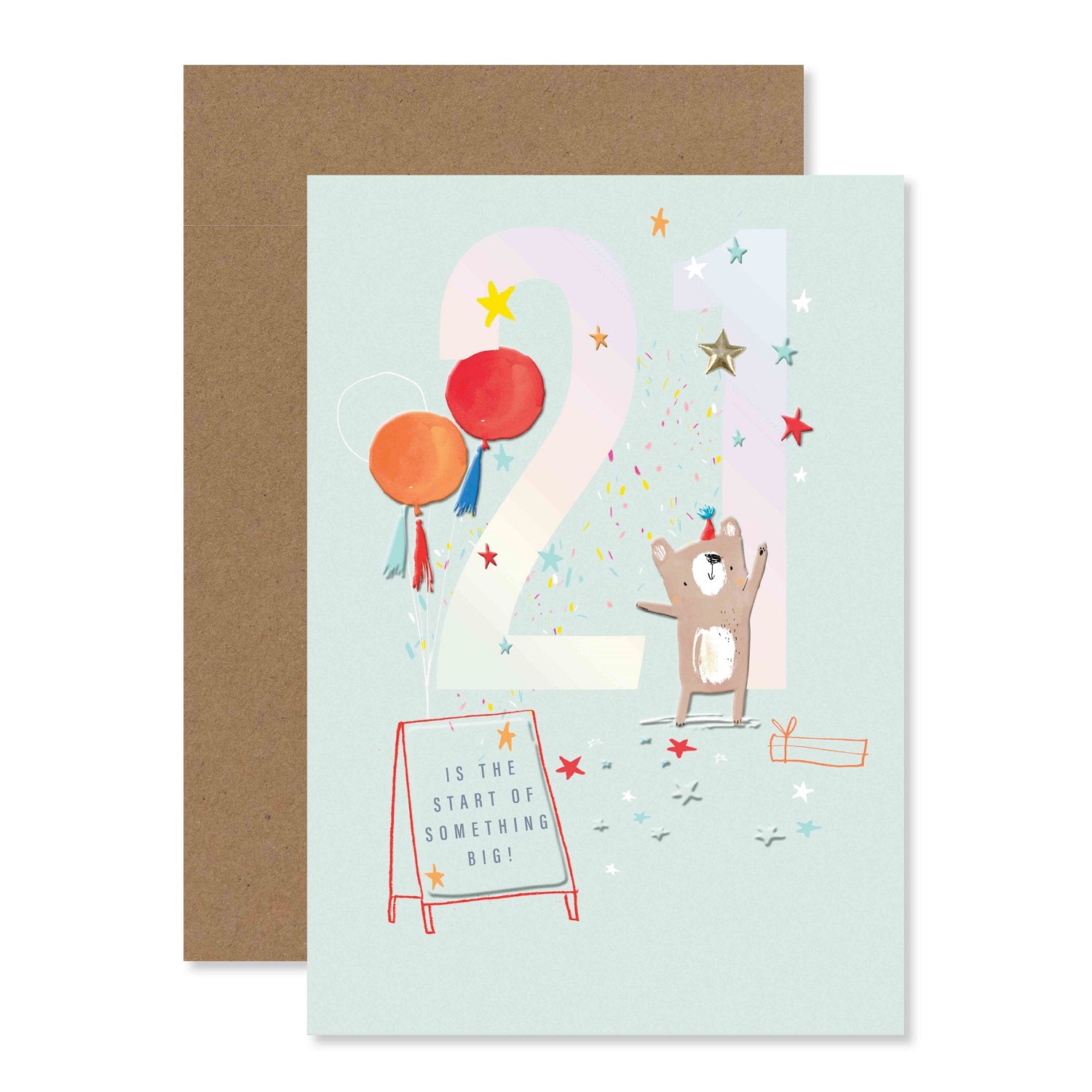 Connections from Hallmark 21st Birthday Card - The start of something big with cute bear, balloons, and colourful stars in a flat lay view.