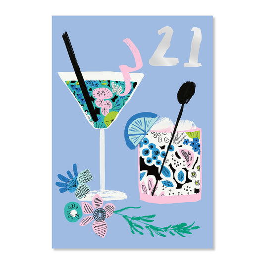 Hallmark 21st Birthday Card - Contemporary Cocktails featuring vibrant cocktail illustrations on a blue background, styled with floral elements.