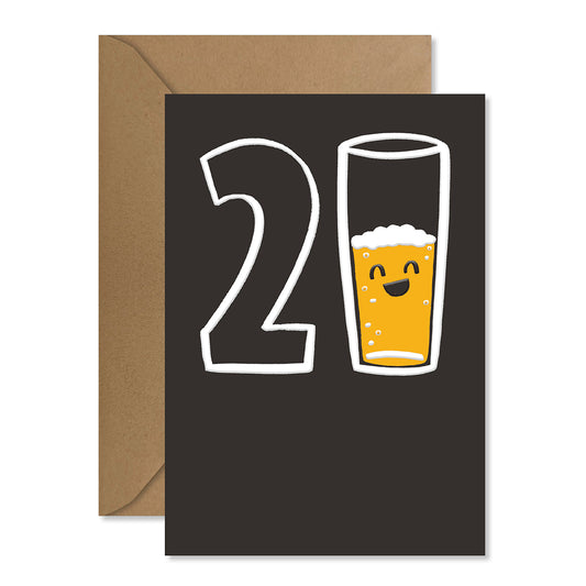 Hallmark 21st Birthday Card - Half-Glass Full featuring a playful illustration of '21' and a half-filled beer glass, flat lay view.