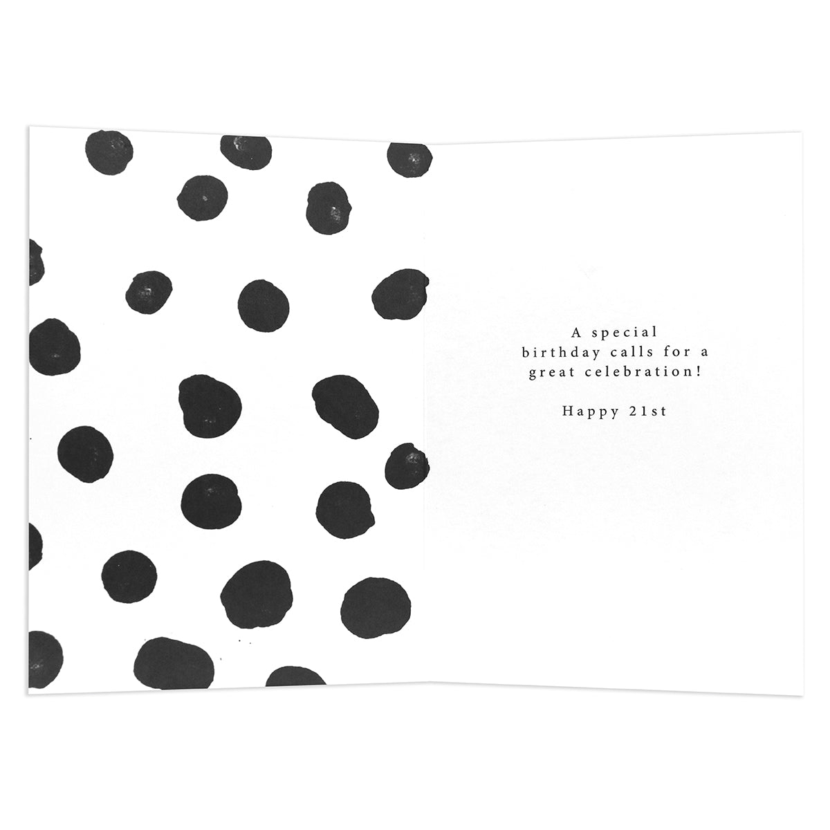 Connections from Hallmark 21st Birthday Card - Gold Foil Numbers, inside view with black dots pattern and celebratory message, 17.3 cm x 11.9 cm.