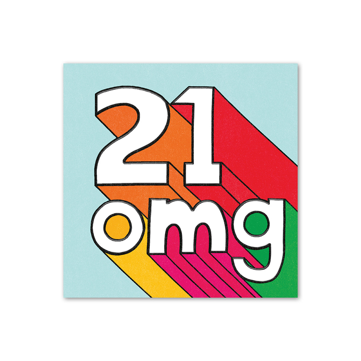 Hallmark 21st Birthday Card - OMG featuring bold, colourful text with the number '21' and vibrant striped background in an angled view.