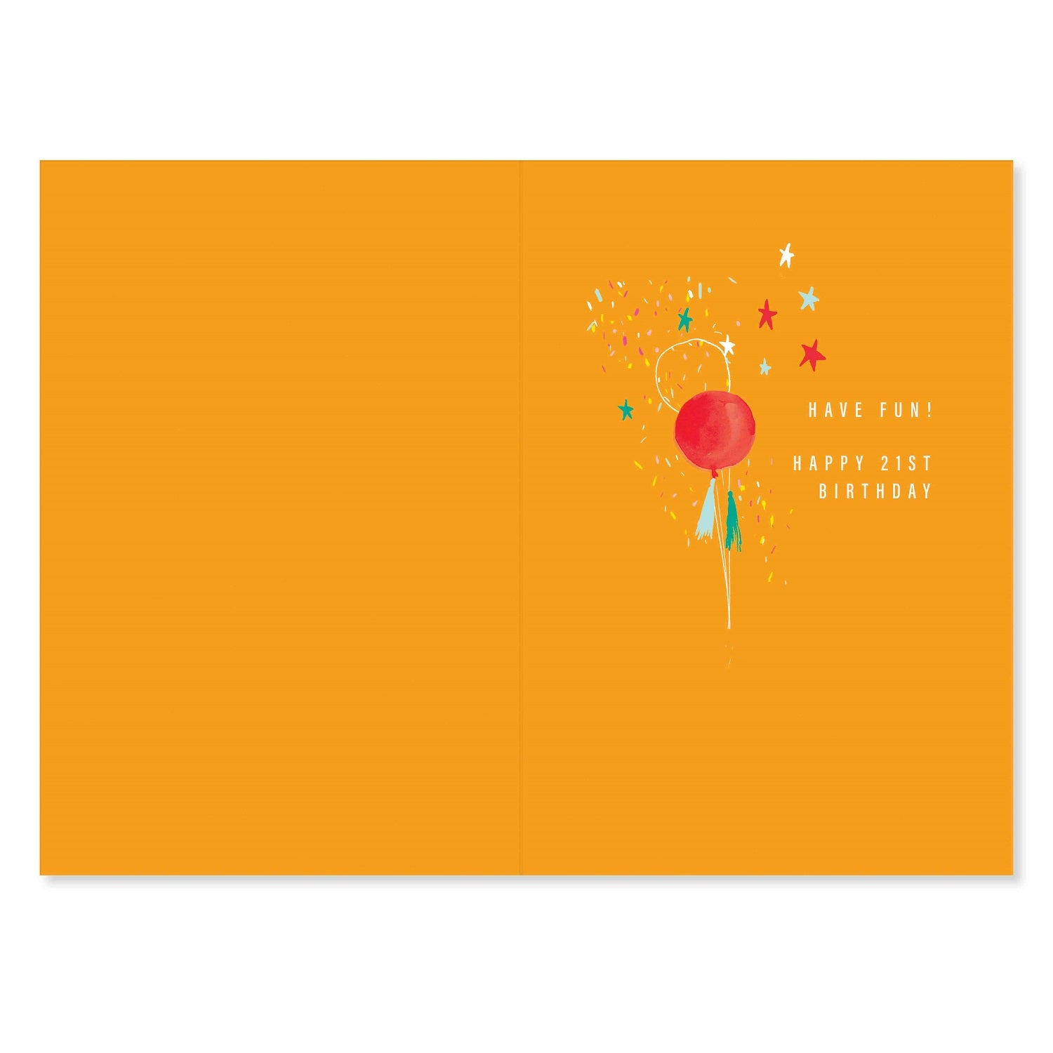 Connections from Hallmark 21st Birthday Card - The start of something big, featuring bright orange inside and celebratory message with balloons and stars.
