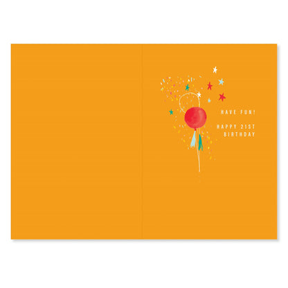 Connections from Hallmark 21st Birthday Card - The start of something big, featuring bright orange inside and celebratory message with balloons and stars.