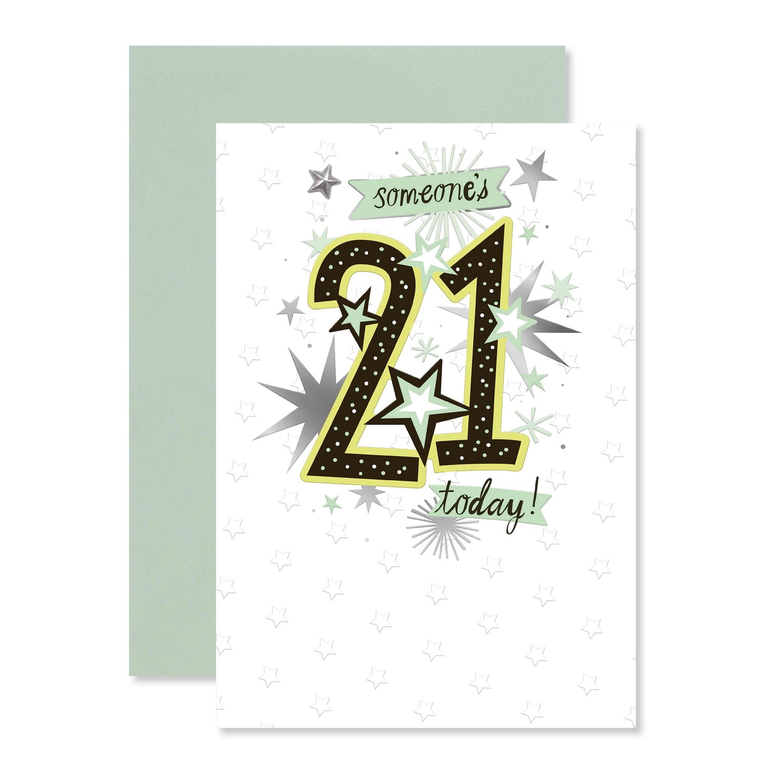 Connections from Hallmark 21st Birthday Card - Someone's 21 today! with green envelope, featuring a bold 21 and stars on the front.