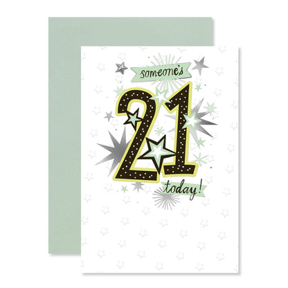 Connections from Hallmark 21st Birthday Card - Someone's 21 today! with green envelope, featuring a bold 21 and stars on the front.