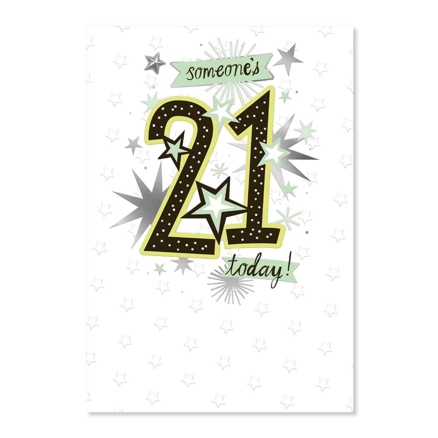 Connections from Hallmark 21st Birthday Card - Someone's 21 today! featuring stars and silver foil accents with a cheerful design.