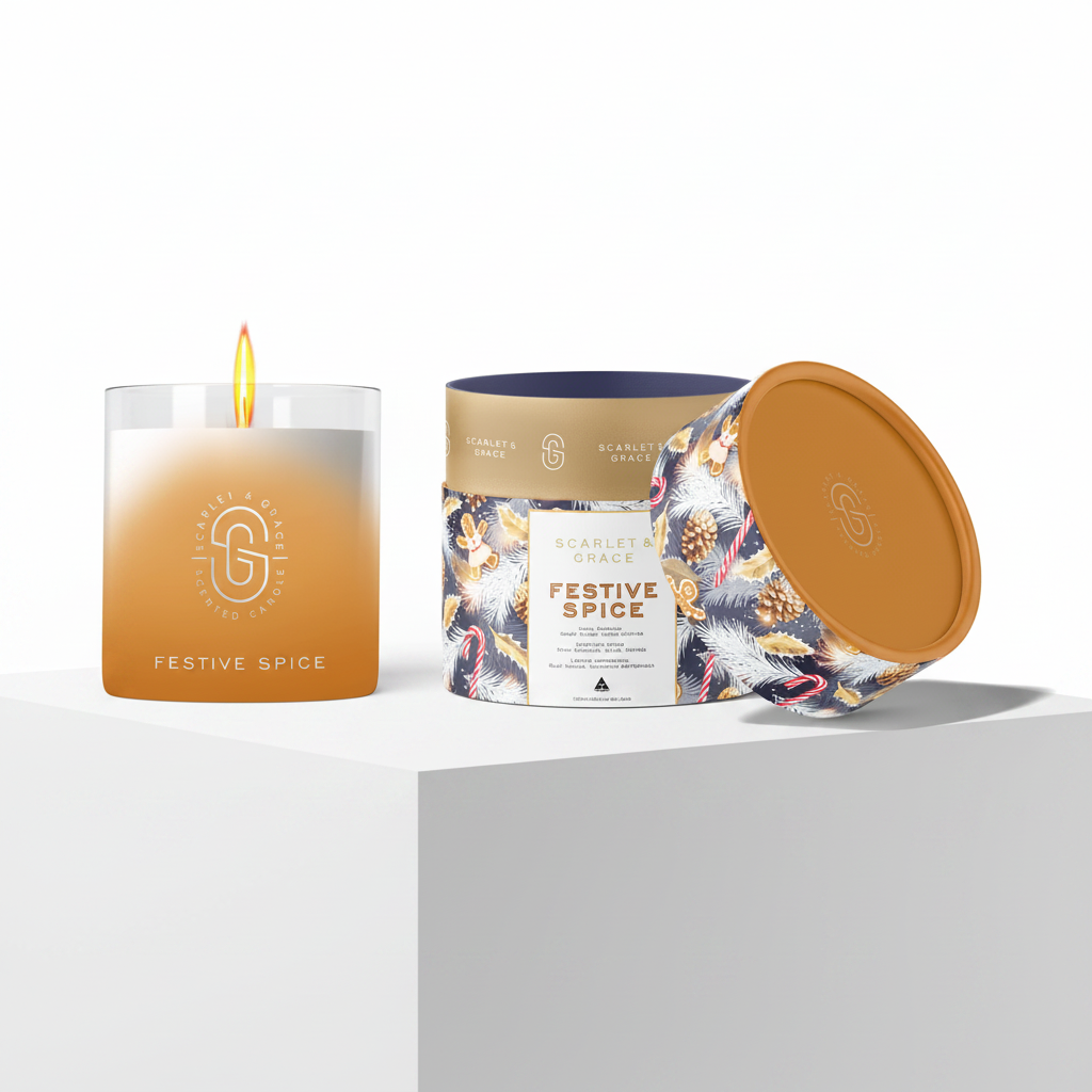 A lit glass jar candle and its patterned cylindrical packaging container on a white pedestal. The candle is clear with a warm amber-to-white gradient wax and a visible flame.