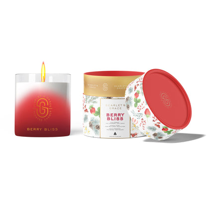 Christmas Candle Berry Bliss – 120g (Limited Edition) with a festive red and white design shown in a flat lay arrangement.