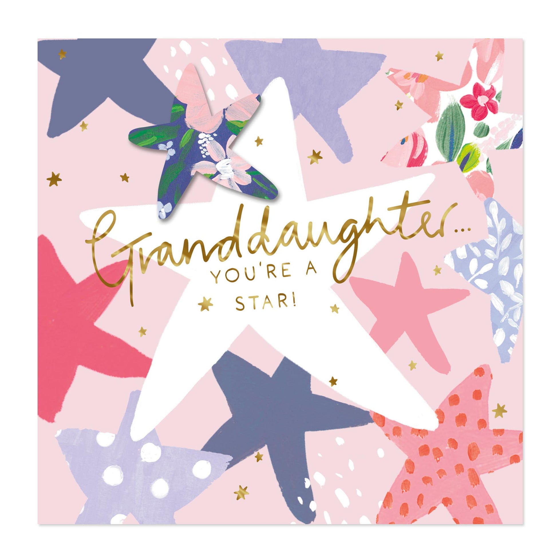 A square greeting card with a pink background and a collage of colorful starfish illustrations. A large white star in the center has the words 'Granddaughter.