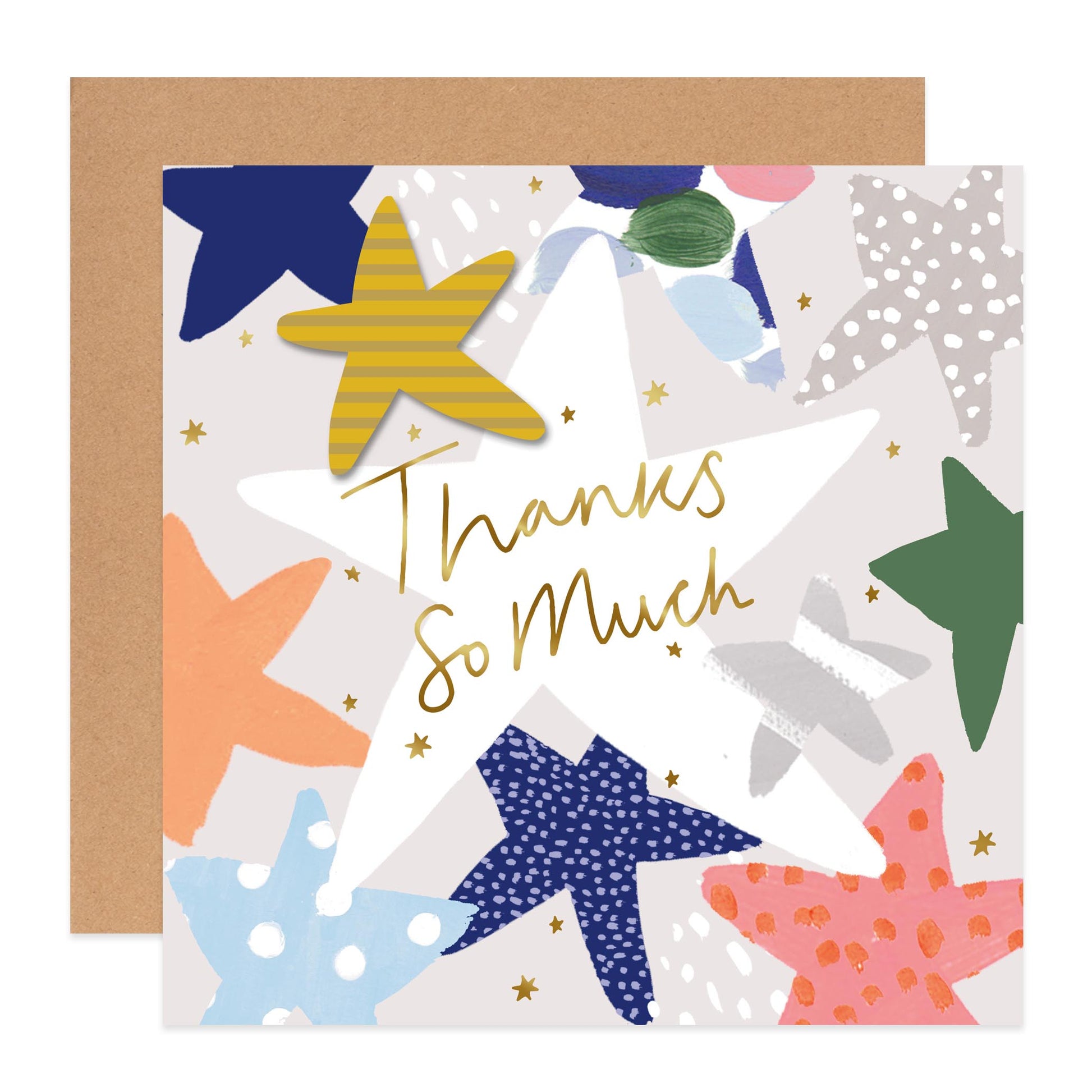 A square thank you card with a kraft envelope behind it. The card has a white star in the center with the words 'Thanks So Much' in gold script, surrounded by colorful starfish shapes in navy, yellow, green, orange, pink, and gray on a light background.