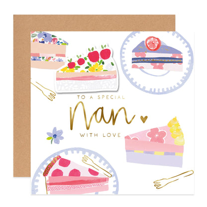 A square greeting card with a kraft paper envelope, featuring illustrated cake slices and gold foil text that reads 'TO A SPECIAL Nan WITH LOVE'.