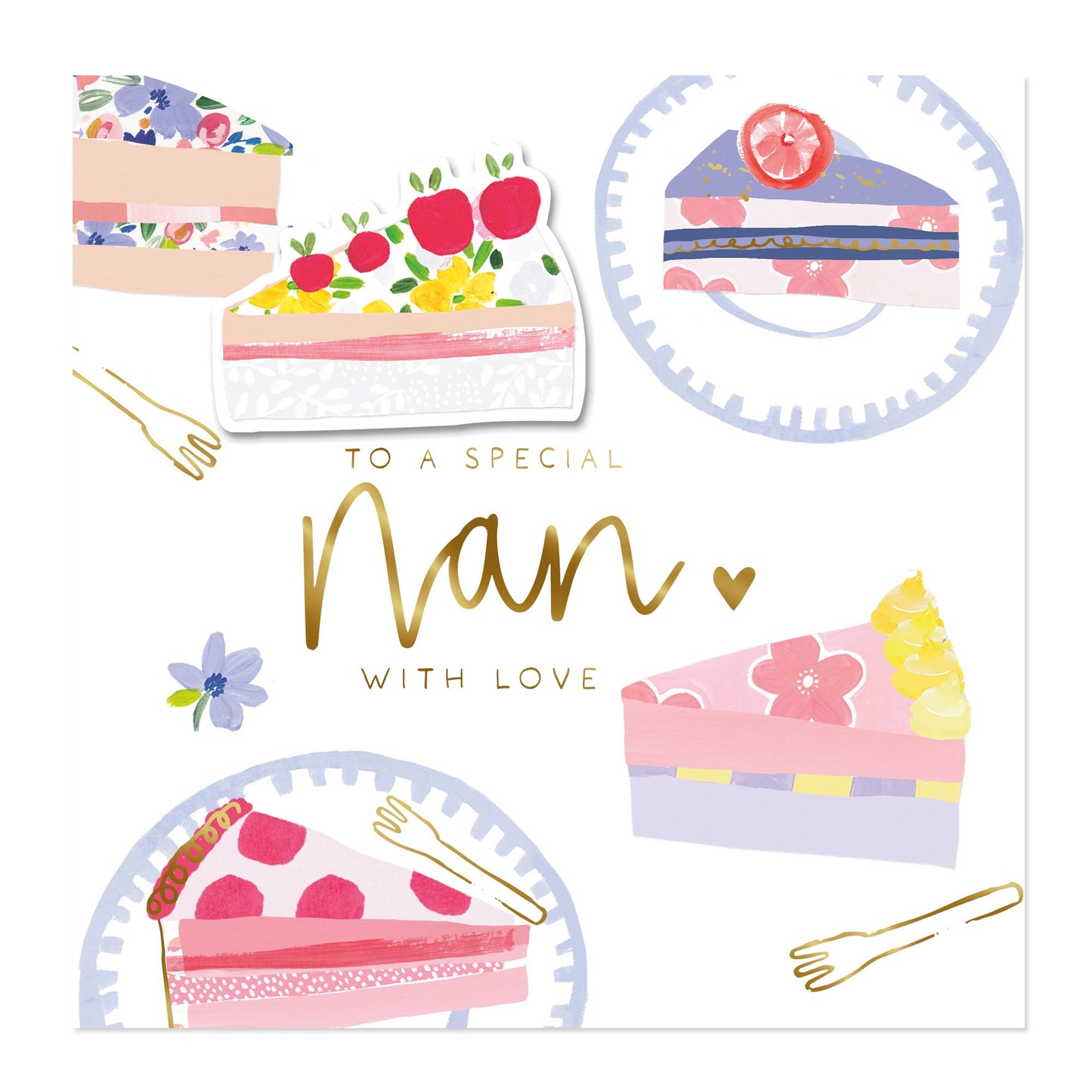 A square greeting card design featuring illustrations of layered cake slices with flowers and gold foil-style text reading 'TO A SPECIAL Nan WITH LOVE' on a white background.