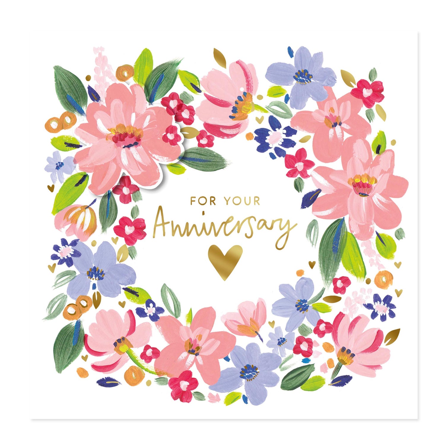 Hallmark Anniversary Greeting Card - Love & Congratulations featuring a floral wreath illustration with gold foil accents and hearts.