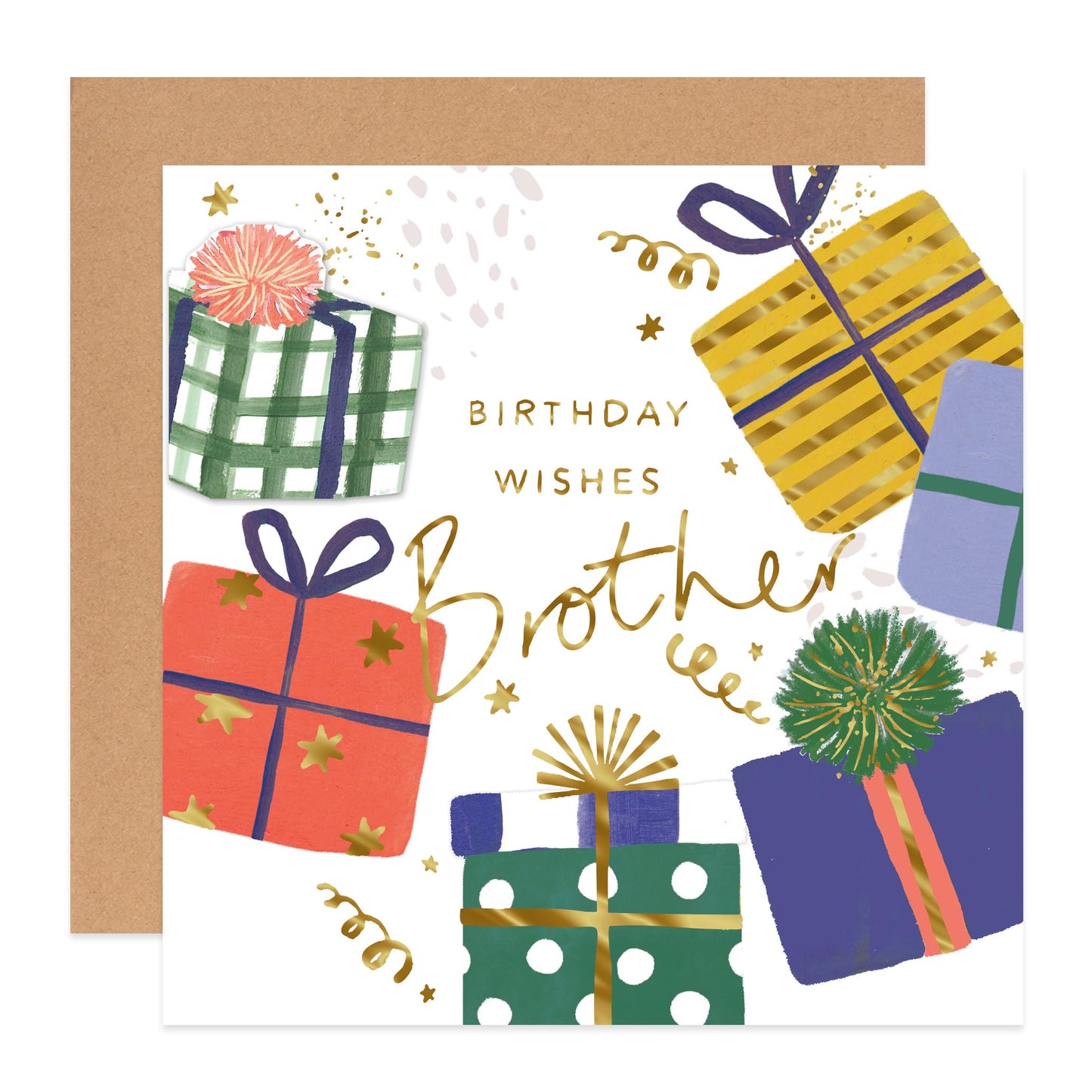 A square birthday card with a kraft envelope behind it. The card reads 'BIRTHDAY WISHES Brother' in gold lettering, surrounded by illustrated wrapped gifts in green, red, yellow, blue, and purple with gold stars and confetti.