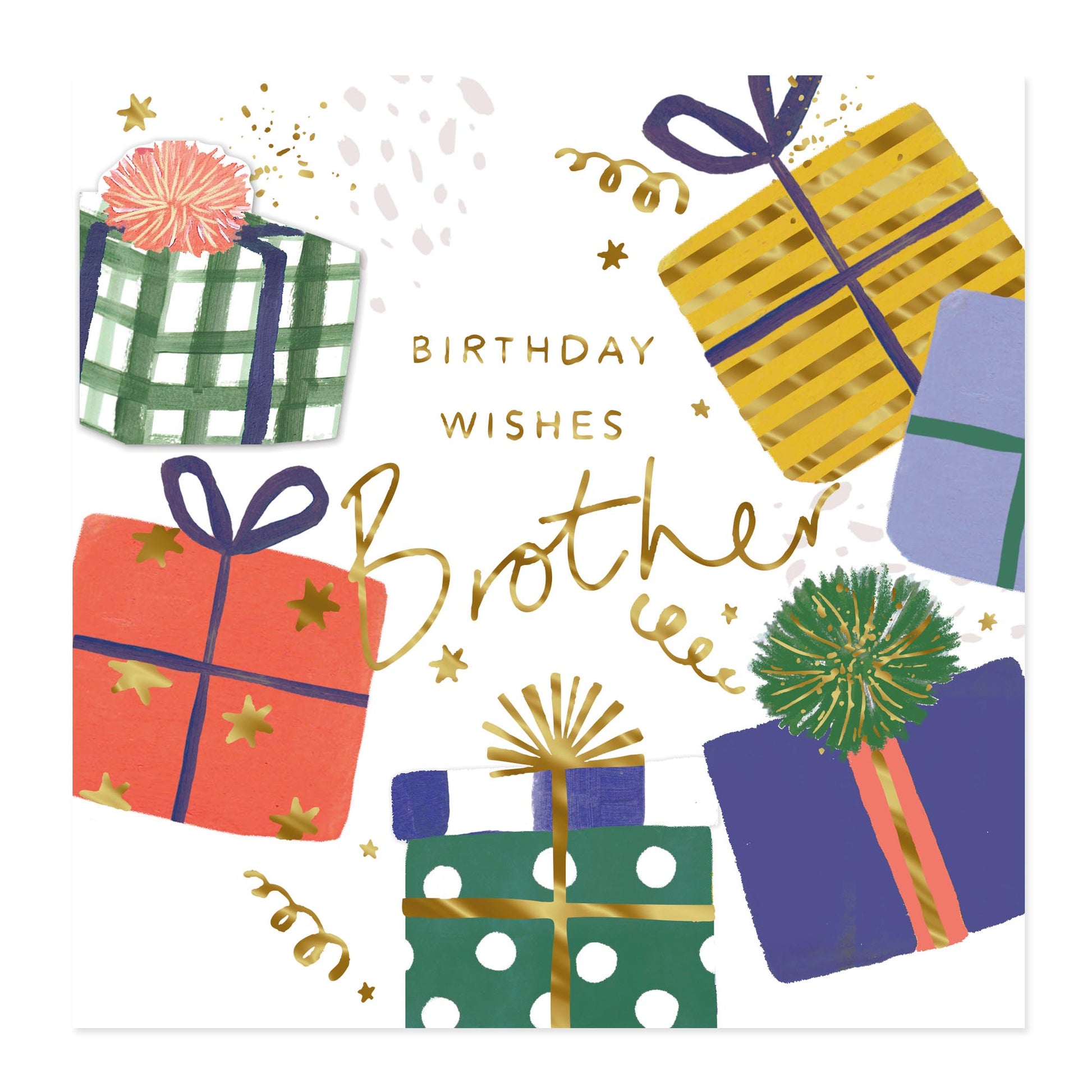A square birthday card design with the words 'BIRTHDAY WISHES Brother' in gold lettering, surrounded by illustrated wrapped gifts in green, yellow, red, blue, and purple on a white background.