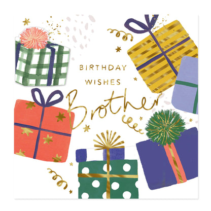 A square birthday card design with the words 'BIRTHDAY WISHES Brother' in gold lettering, surrounded by illustrated wrapped gifts in green, yellow, red, blue, and purple on a white background.