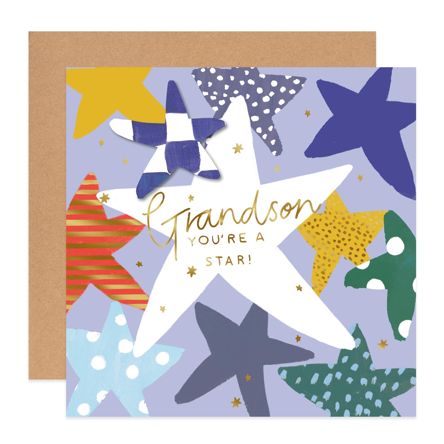 A square greeting card with a kraft paper envelope behind it. The card features a light lavender background decorated with colorful starfish in various patterns and shades, with a large white star in the center and gold foil text reading 'Grandson YOU'RE A STAR!'.