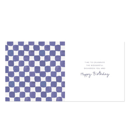 A birthday greeting card with a purple and white checkered pattern on the left and the text 'TIME TO CELEBRATE THE WONDERFUL GRANDSON YOU ARE! Happy Birthday' on the right, shown on a white background.