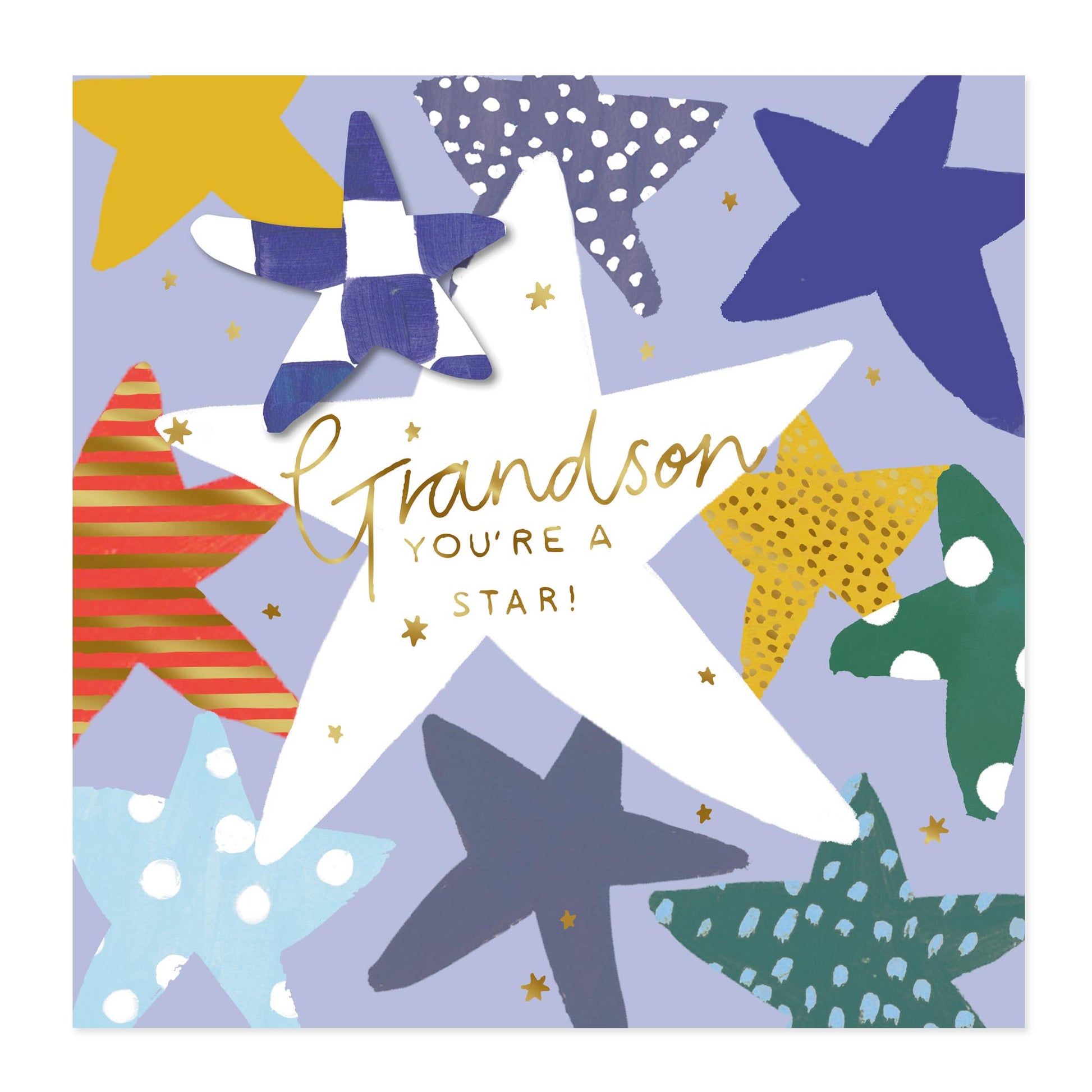 A square greeting card design featuring a large white star in the center with the words 'Grandson YOU'RE A STAR!' in gold script and block lettering. The card is decorated with multiple colorful starfish shapes in blue, yellow, green, red, and navy on a light lavender background.