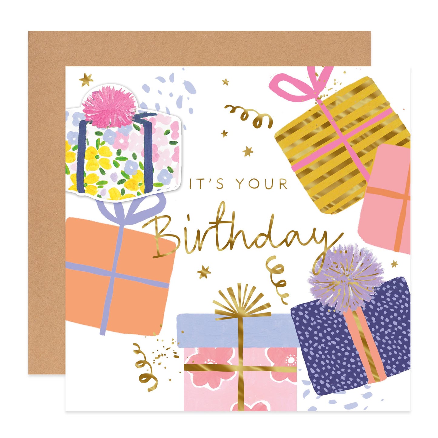A square birthday greeting card with a kraft envelope behind it. The card has a white background decorated with colorful illustrated gift boxes, gold confetti, and the text 'IT'S YOUR Birthday' in gold script.